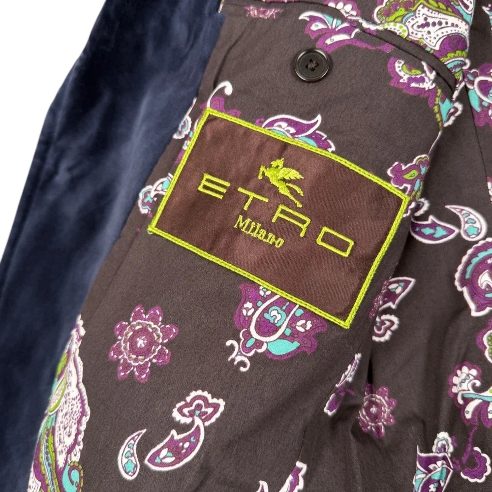 Etro Velvet Blazer Men IT 50 Blue Paisley Lining Two Button Made In Italy